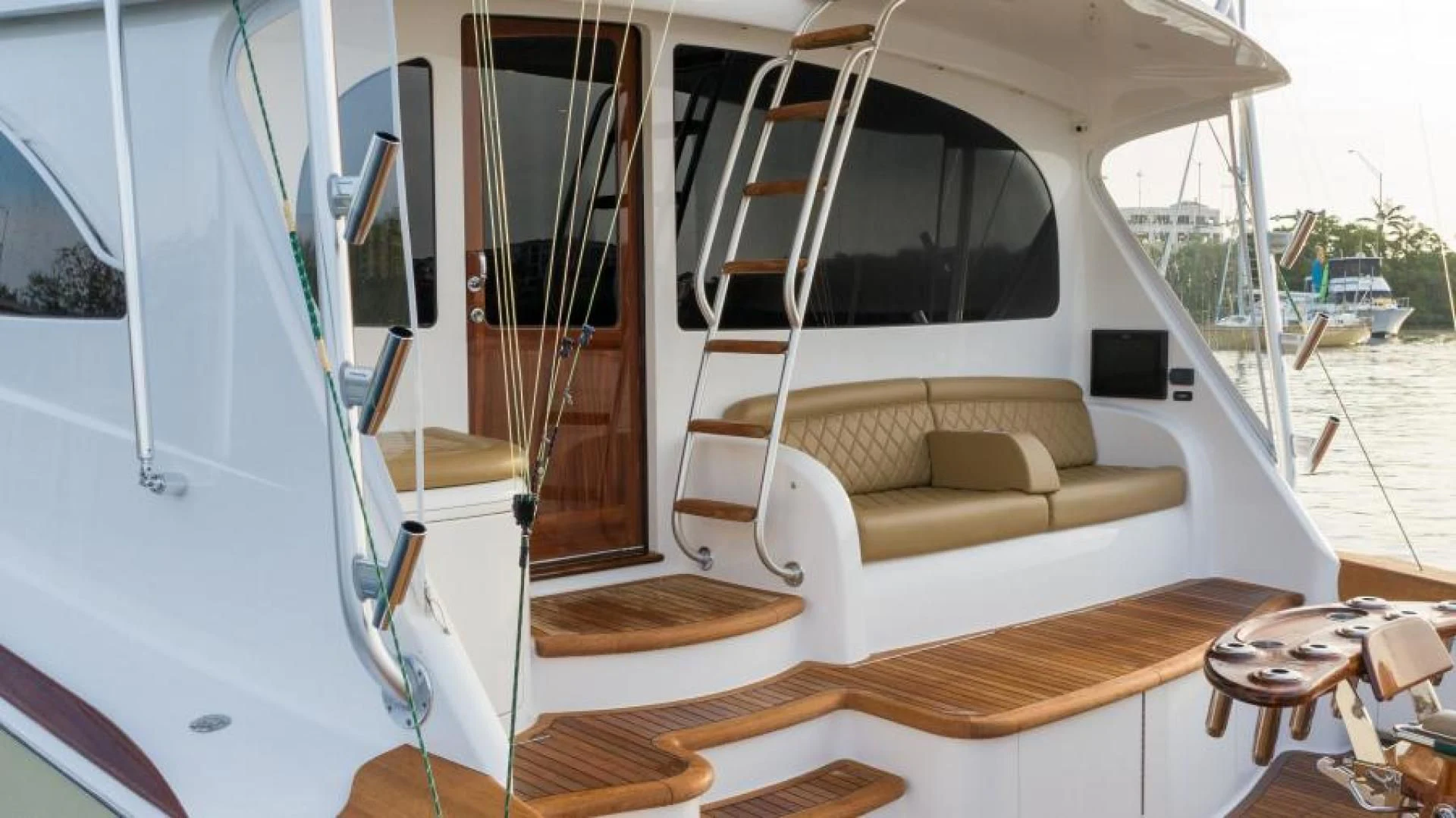 a boat on a deck aboard NEVER TOO LATE Yacht for Charter