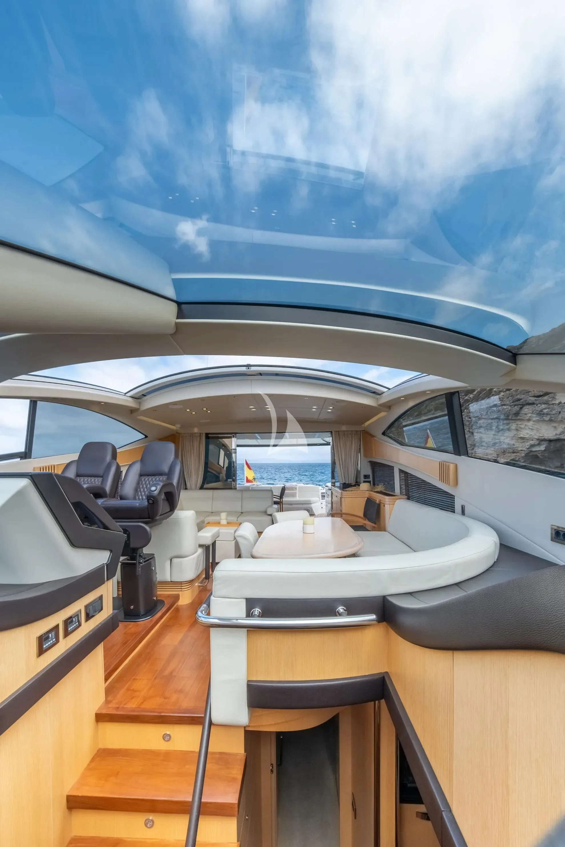 inside of a plane aboard NEVER TOO LATE Yacht for Charter