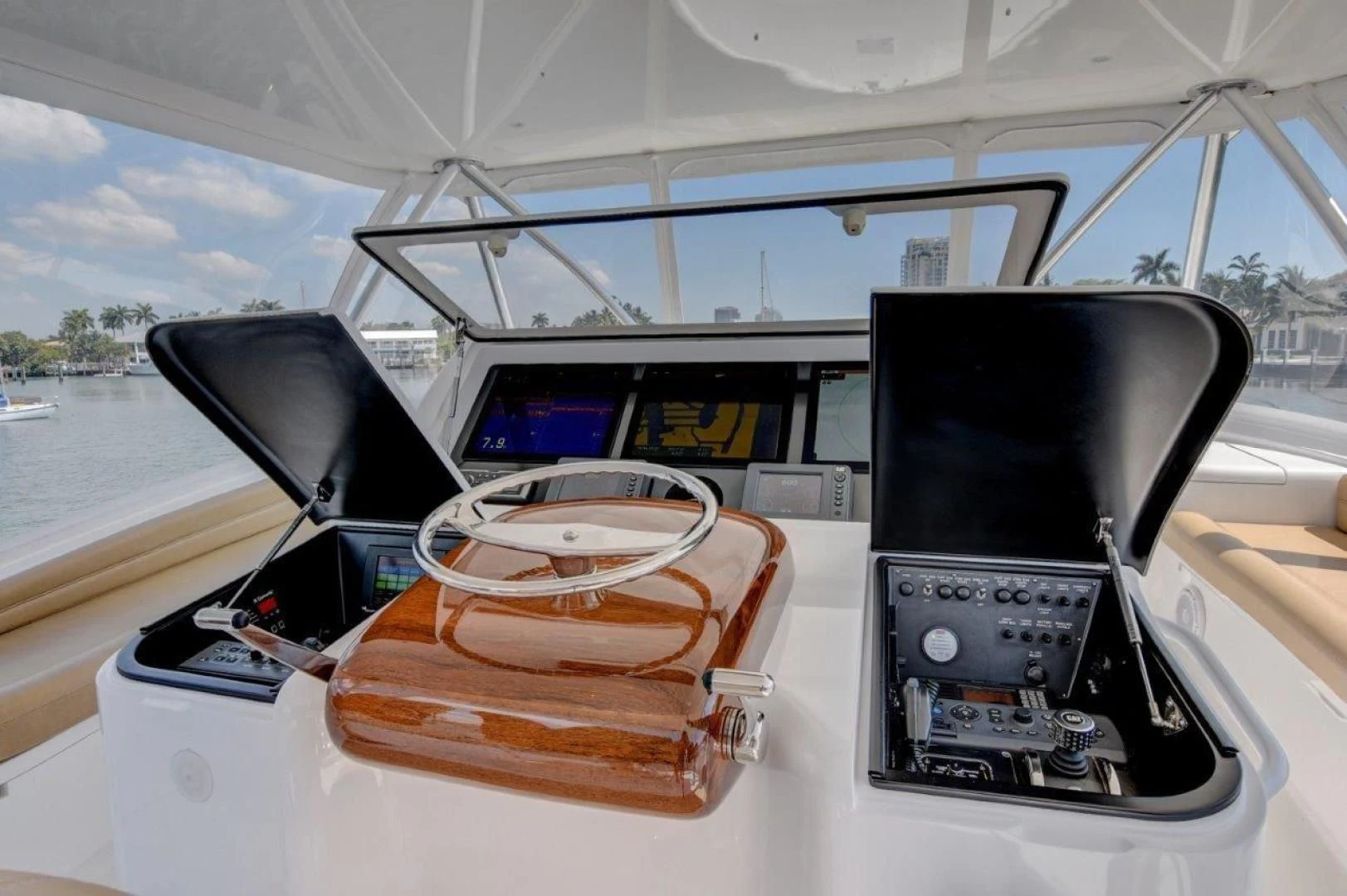 a close-up of a car's windshield aboard KICK'N Yacht for Sale