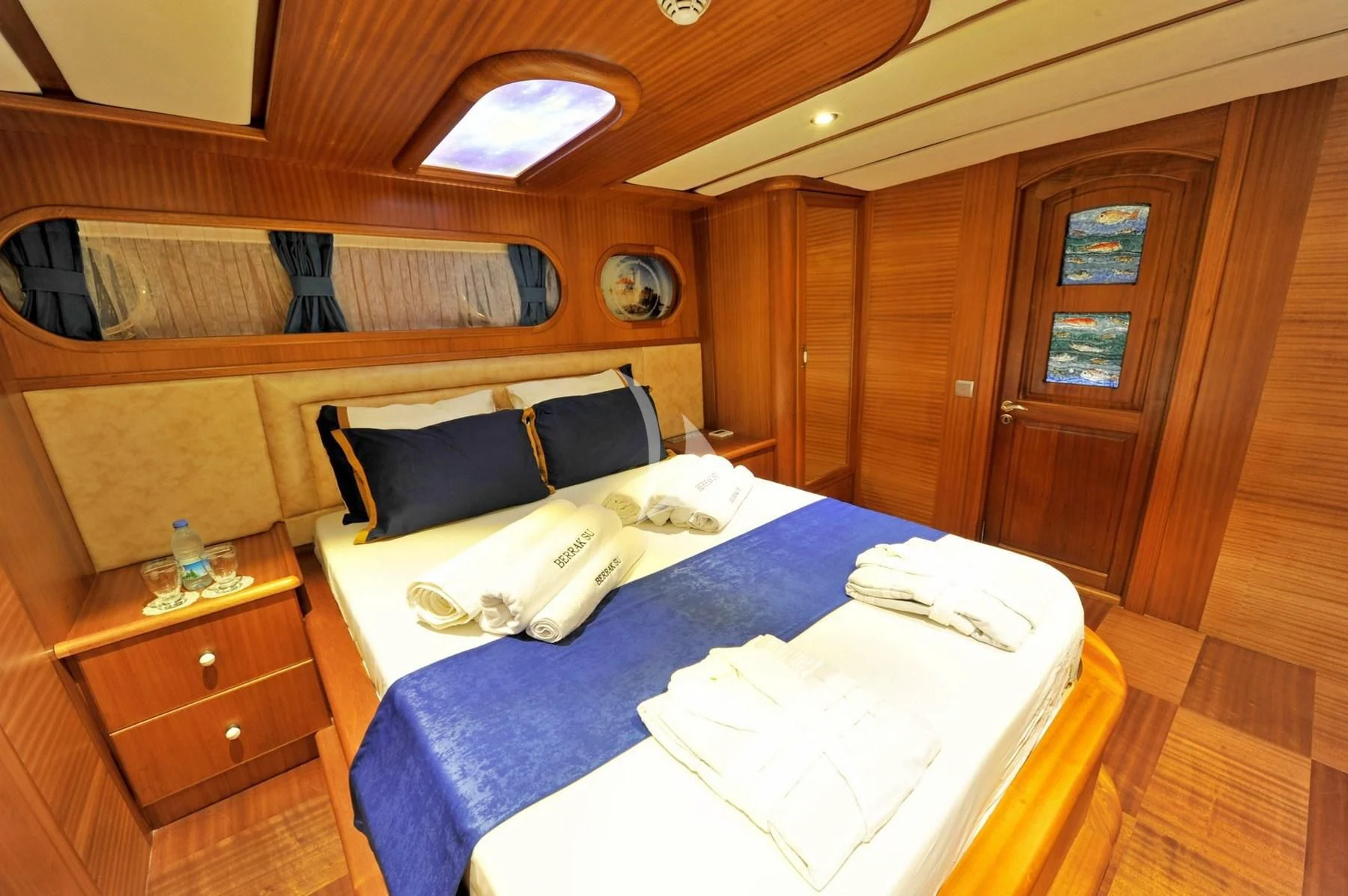 a bed in a room aboard BERRAK SU Yacht for Sale