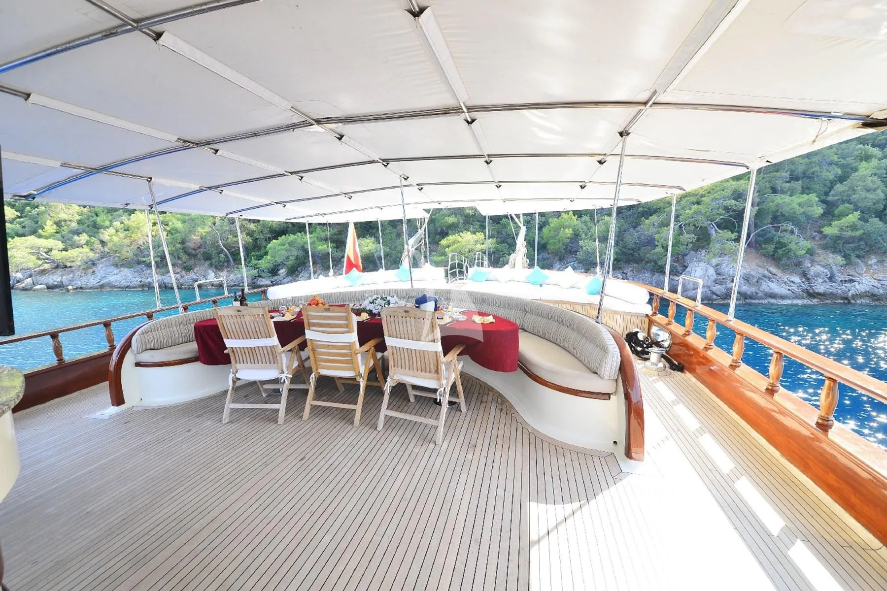 a deck with chairs and a table on it aboard BERRAK SU Yacht for Sale