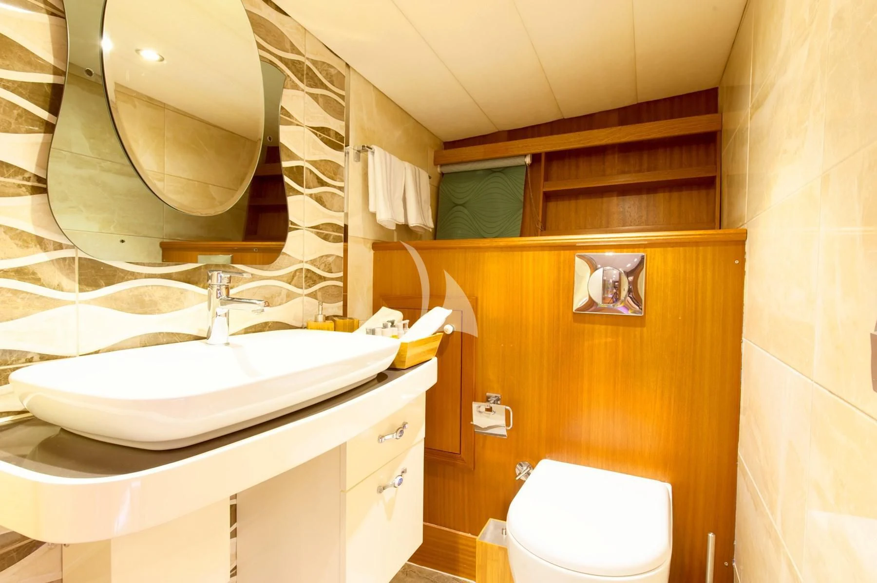 a bathroom with a large mirror aboard BERRAK SU Yacht for Sale