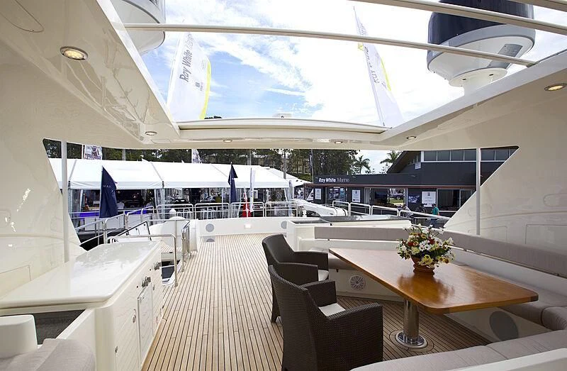 a room with tables and chairs aboard ST JUDE Yacht for Sale