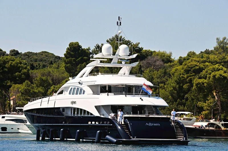 a large boat with a propeller on it aboard AGRAM Yacht for Charter