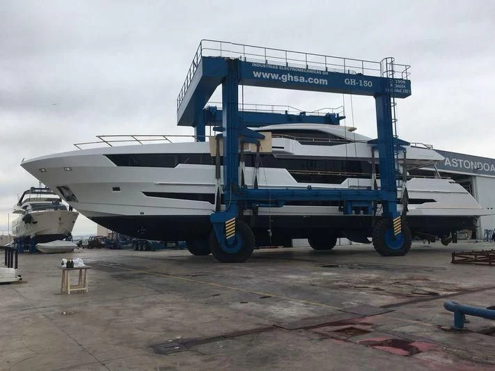 a trailer with a boat on it aboard AMAN Yacht for Sale