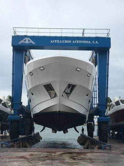 a large metal object with a blue frame aboard AMAN Yacht for Sale