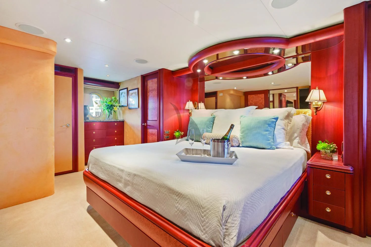 a bed in a room aboard WINDWARD Yacht for Charter