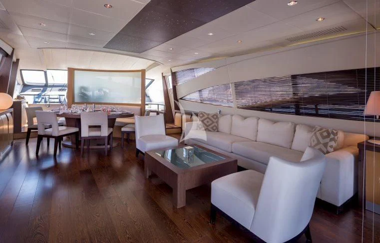 a living room with a large screen aboard WINDWARD Yacht for Charter