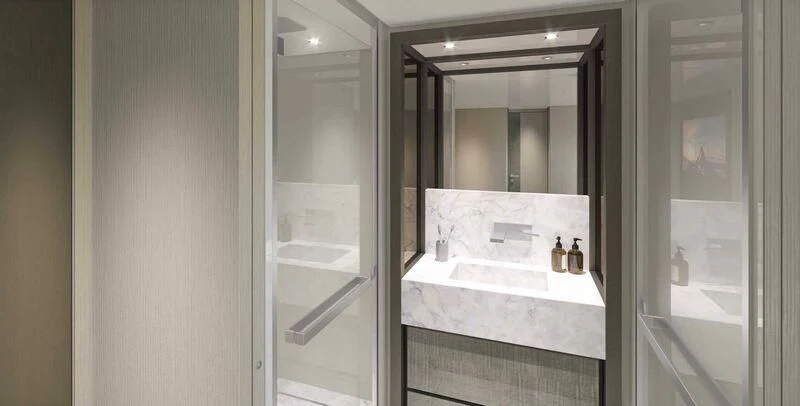 a bathroom with a large mirror aboard STONE HILLS Yacht for Sale