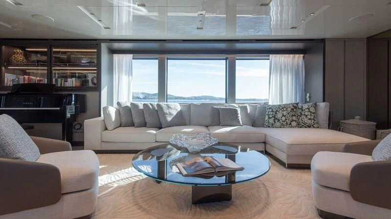 a living room with a large window aboard STONE HILLS Yacht for Sale