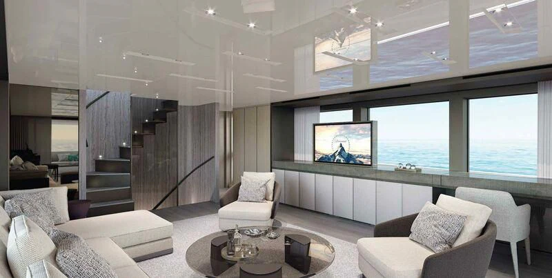 a living room with a large window aboard STONE HILLS Yacht for Sale