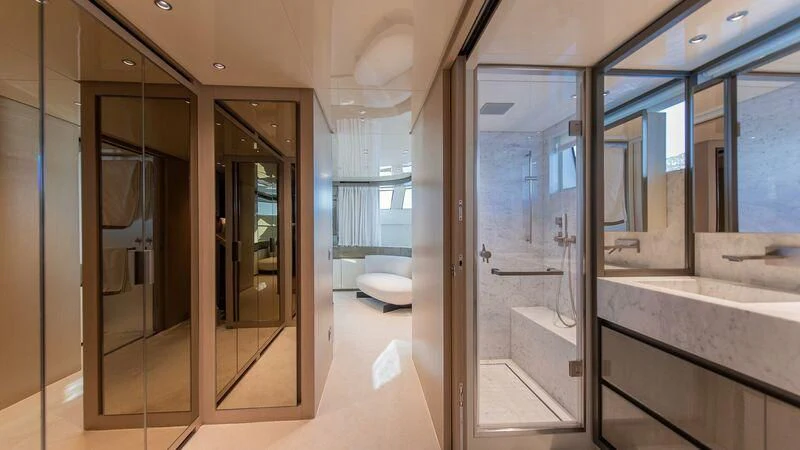 a room with glass doors aboard STONE HILLS Yacht for Sale