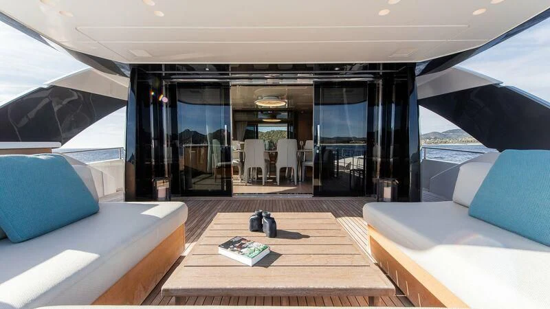 inside of a room with a large glass wall and a table with chairs and a large window with aboard STONE HILLS Yacht for Sale