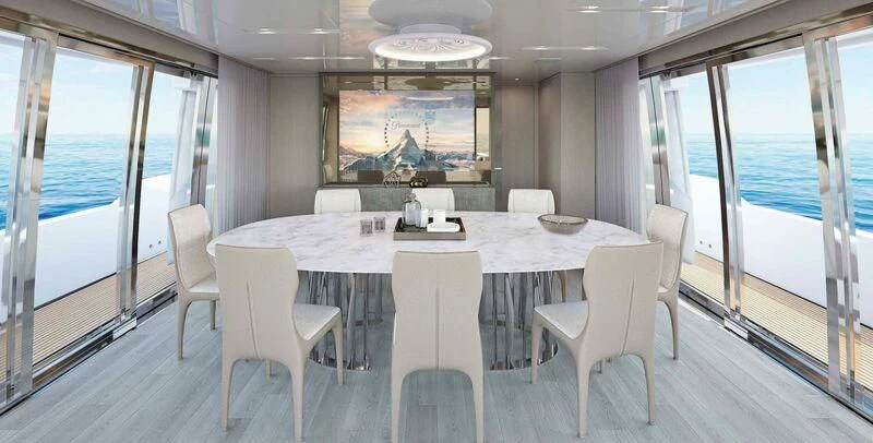 a large conference room with a table and chairs aboard STONE HILLS Yacht for Sale