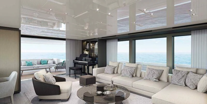 a living room with a large window aboard STONE HILLS Yacht for Sale