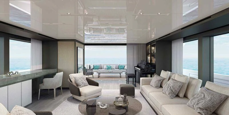 a living room with a large window aboard STONE HILLS Yacht for Sale
