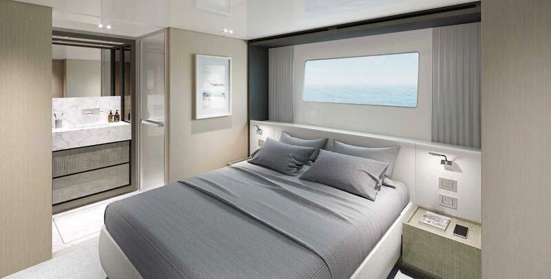 a bed in a room aboard STONE HILLS Yacht for Sale