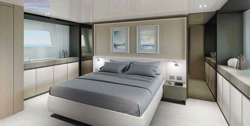 a bed in a room aboard STONE HILLS Yacht for Sale