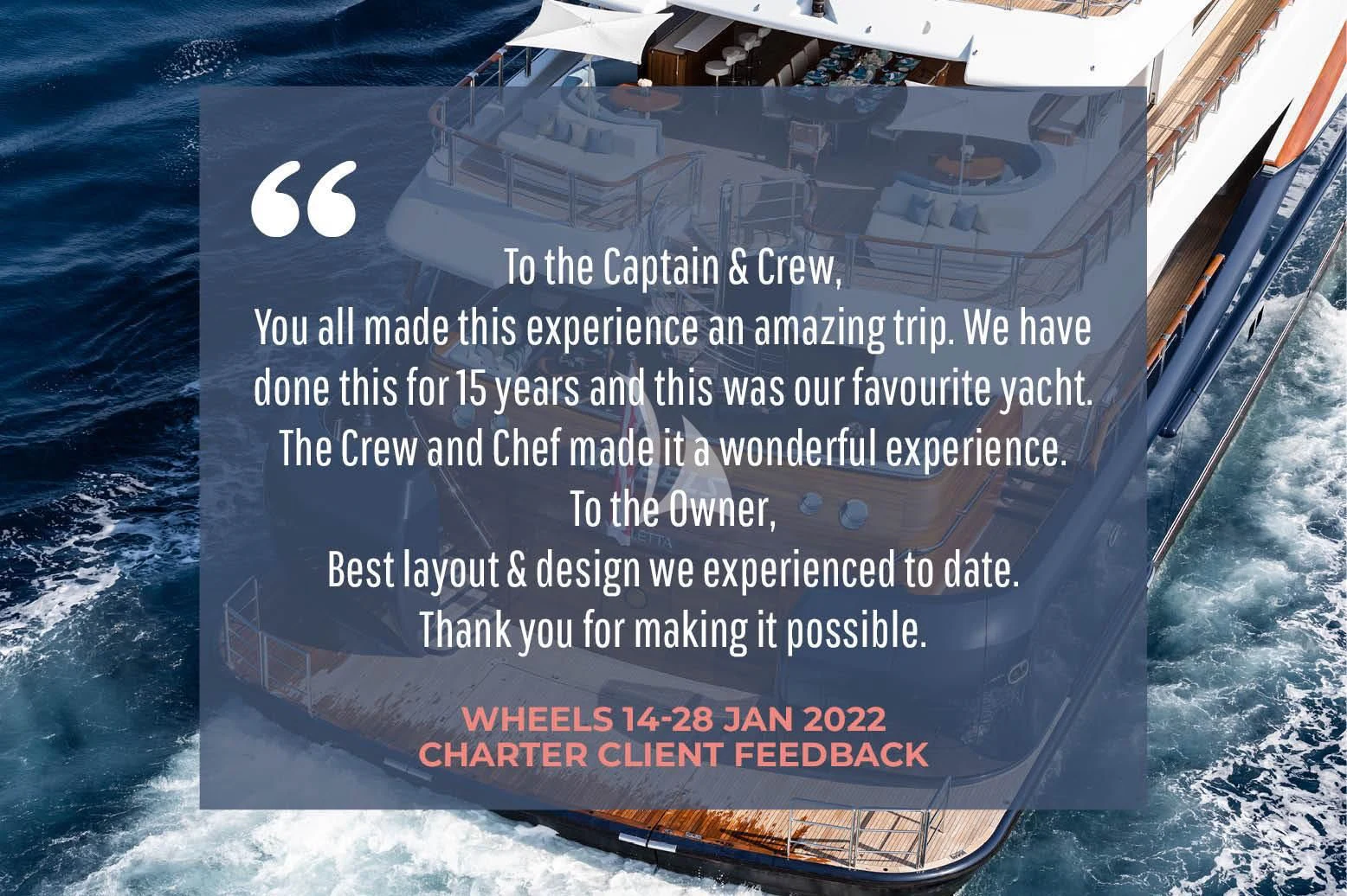 text aboard WHEELS Yacht for Sale