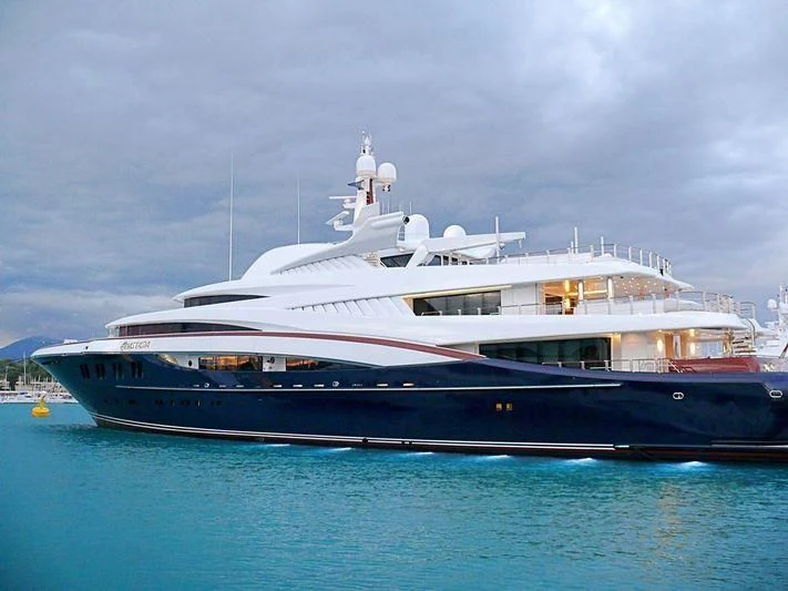 a large white boat in the water aboard WHEELS Yacht for Sale