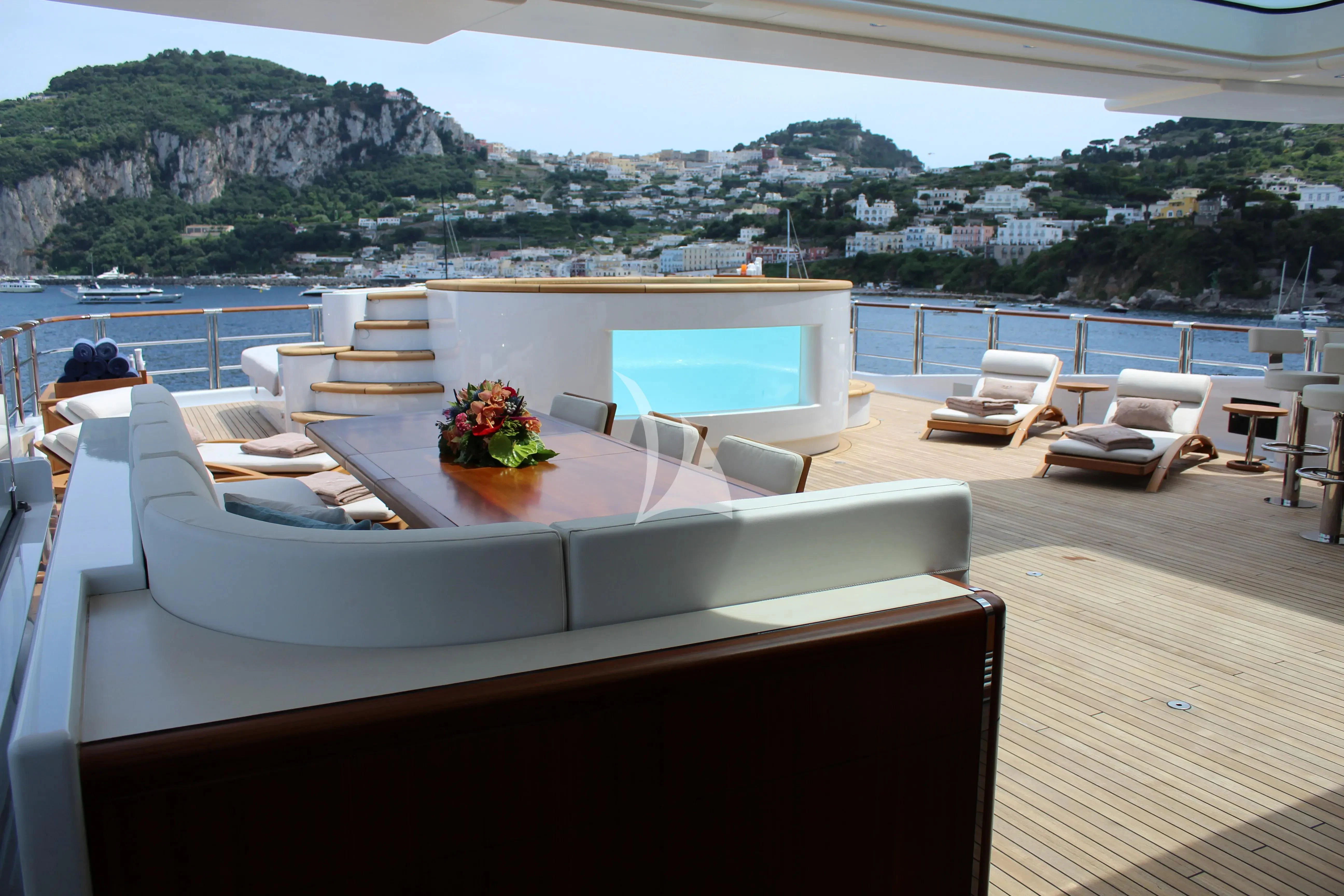 a room with a table and chairs aboard WHEELS Yacht for Sale