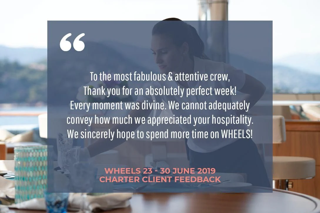 text aboard WHEELS Yacht for Sale