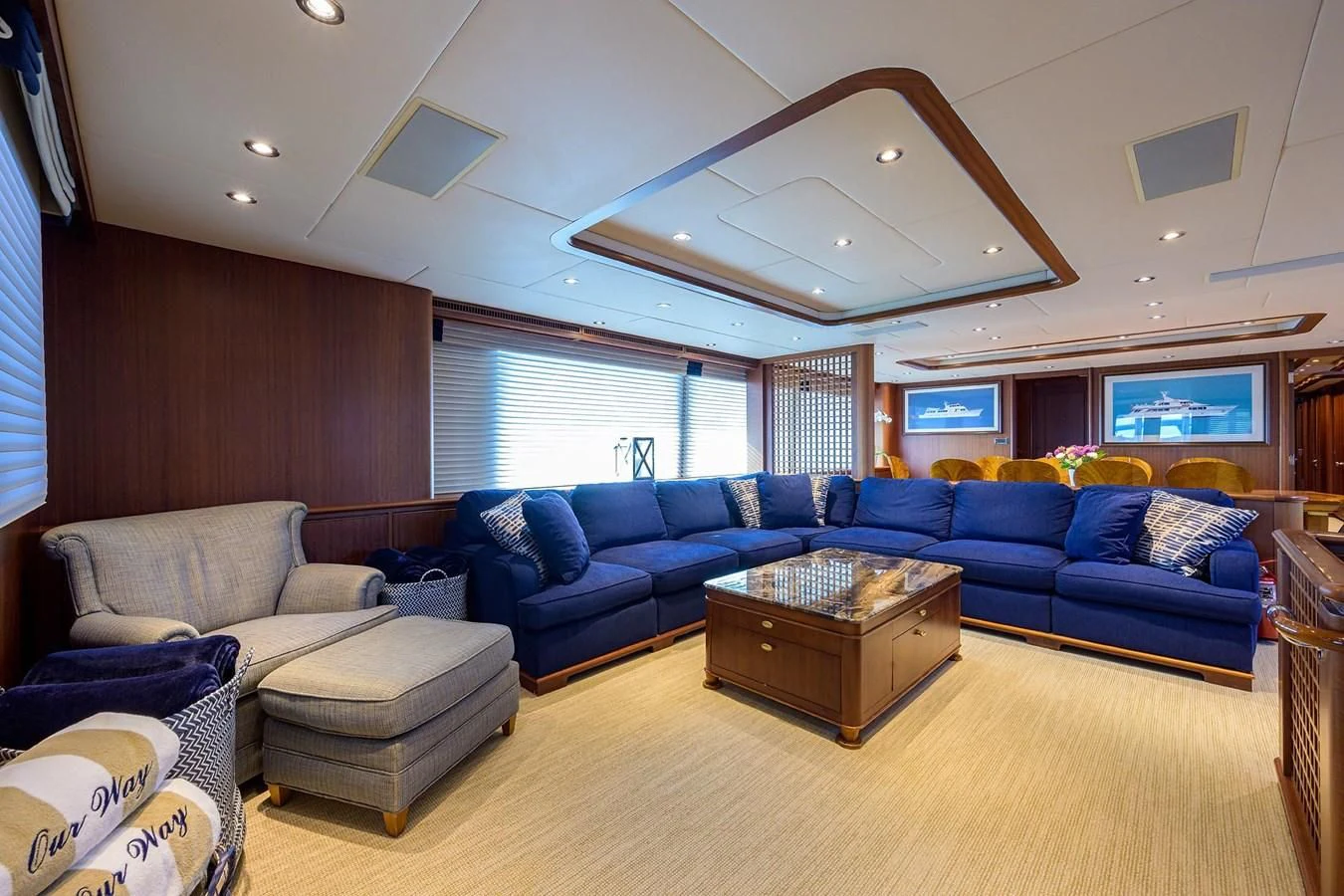 a living room with a large ceiling aboard OUR WAY Yacht for Sale