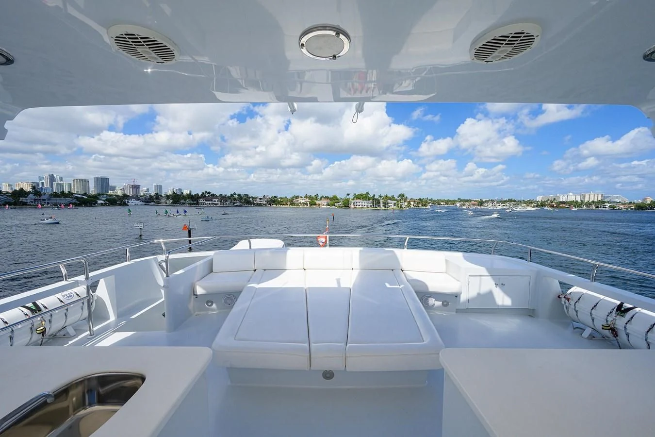 a view of a city from a deck of a ship aboard OUR WAY Yacht for Sale