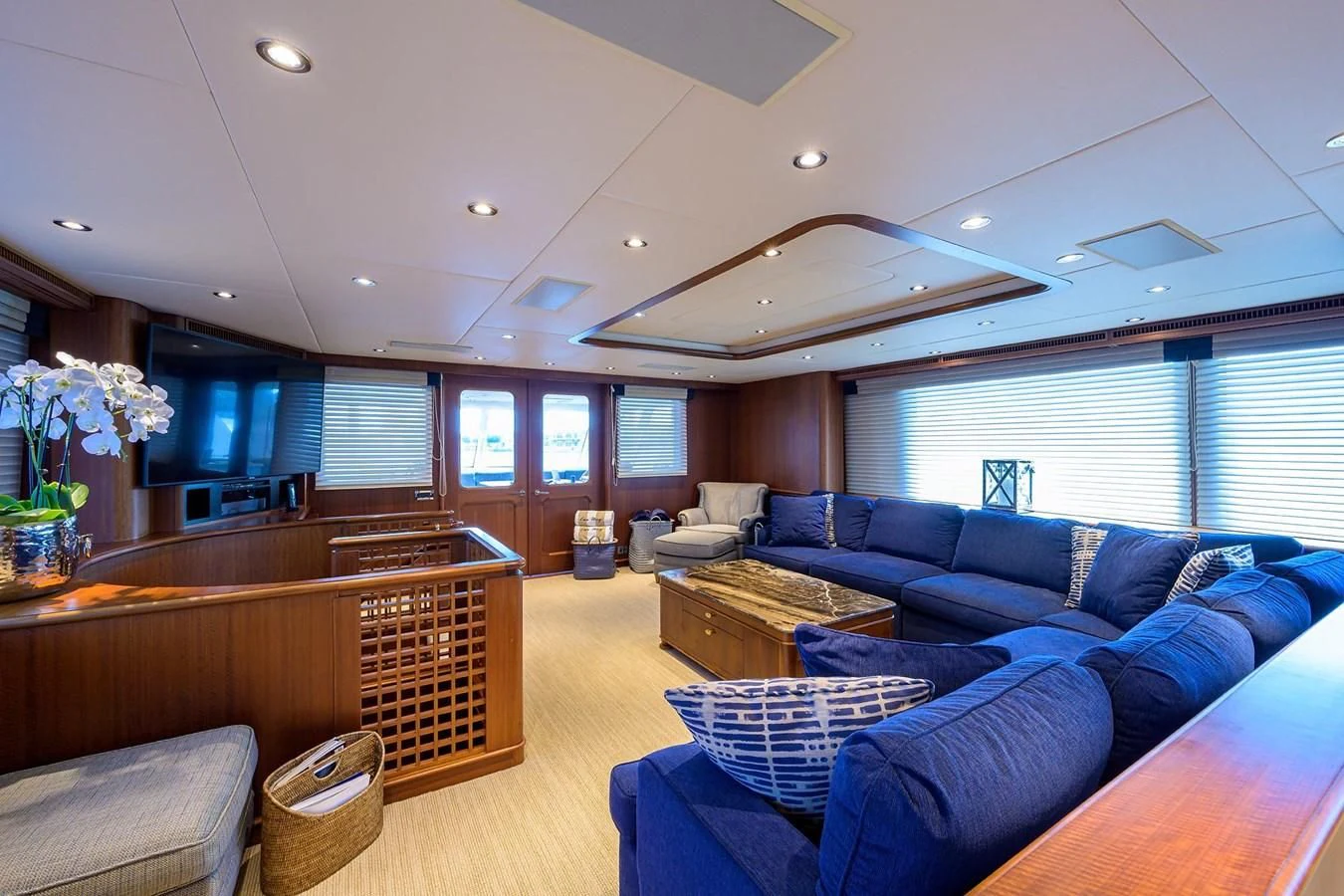 a living room with a large open window aboard OUR WAY Yacht for Sale