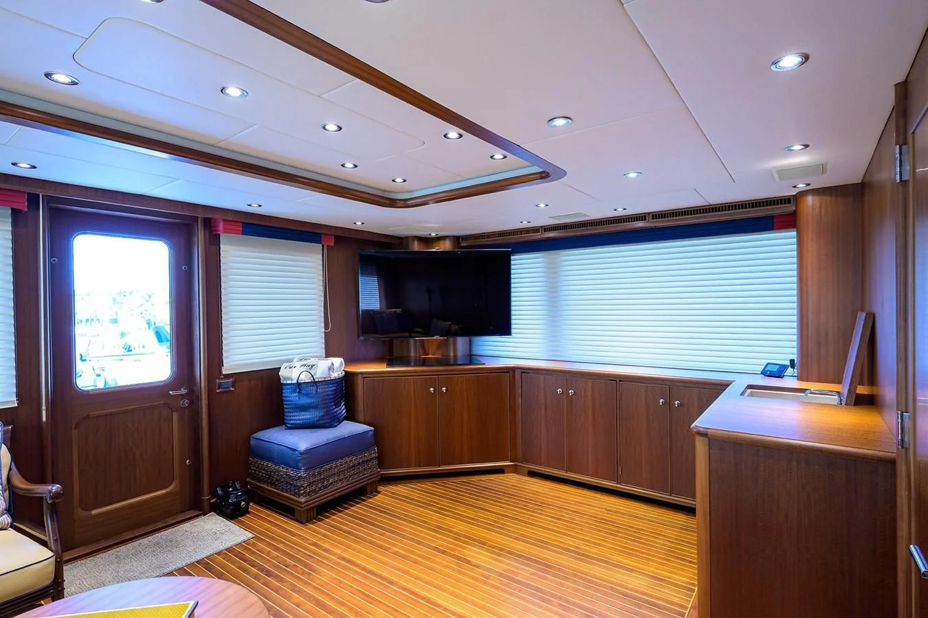 a room with a wood floor and a wood floor and a wood floor aboard OUR WAY Yacht for Sale