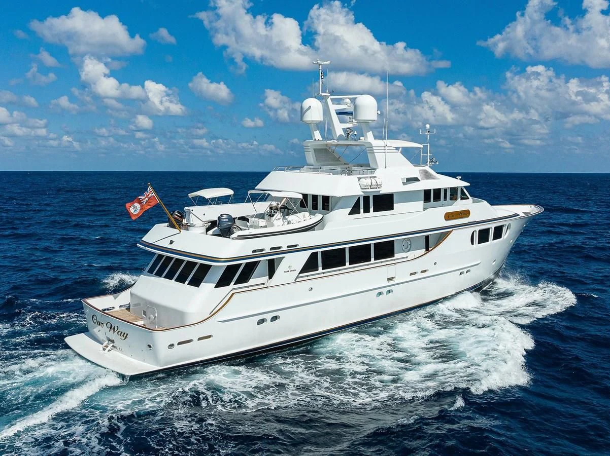 a white yacht on the water aboard OUR WAY Yacht for Sale
