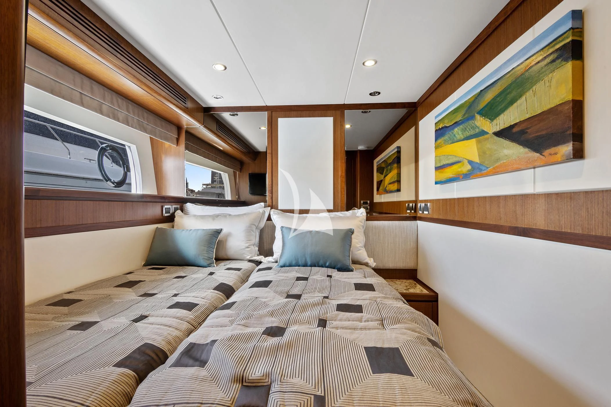 a room with a bed and a window aboard OCEAN ROSE Yacht for Sale
