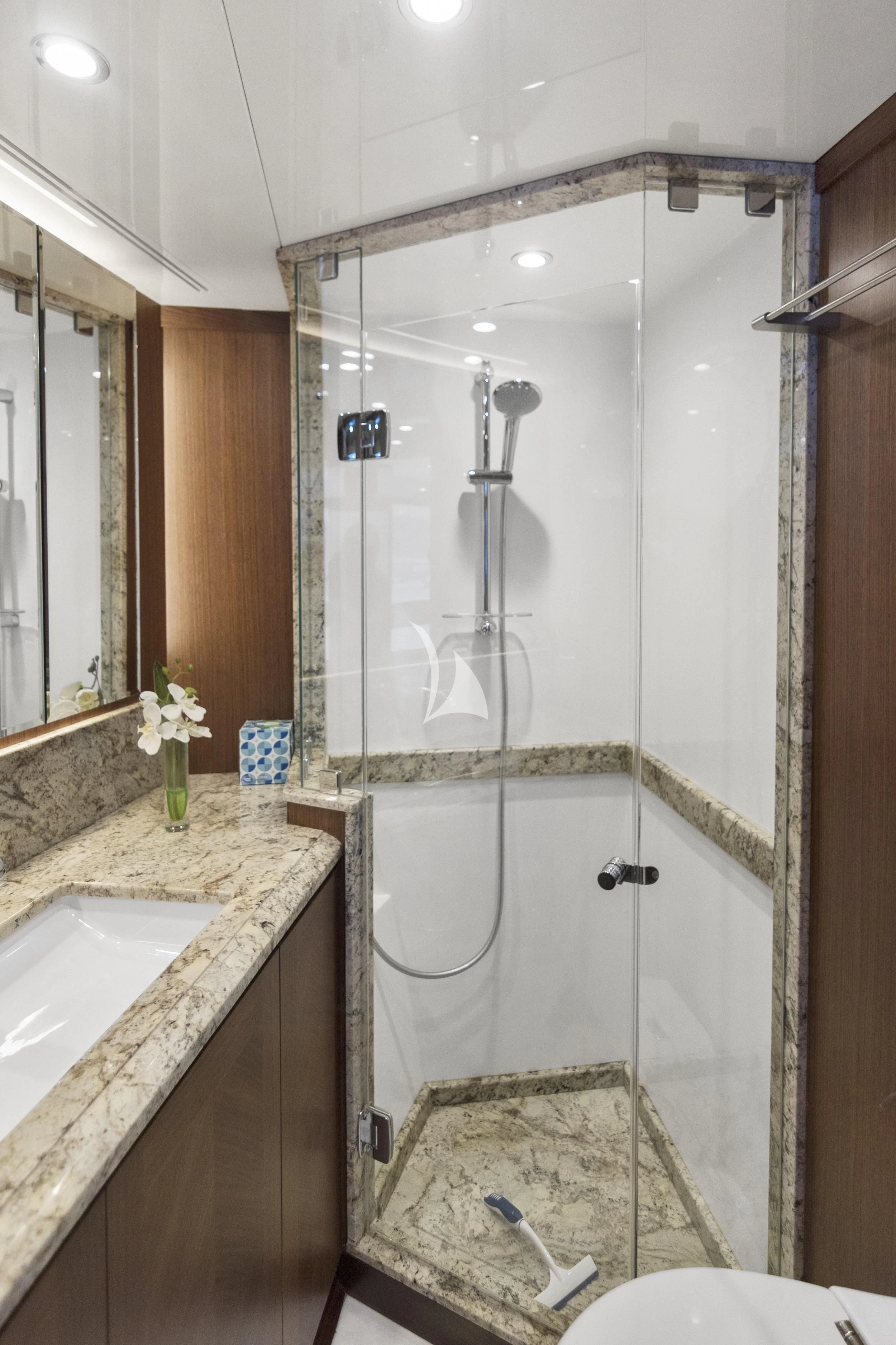 a bathroom with a shower and sink aboard OCEAN ROSE Yacht for Sale