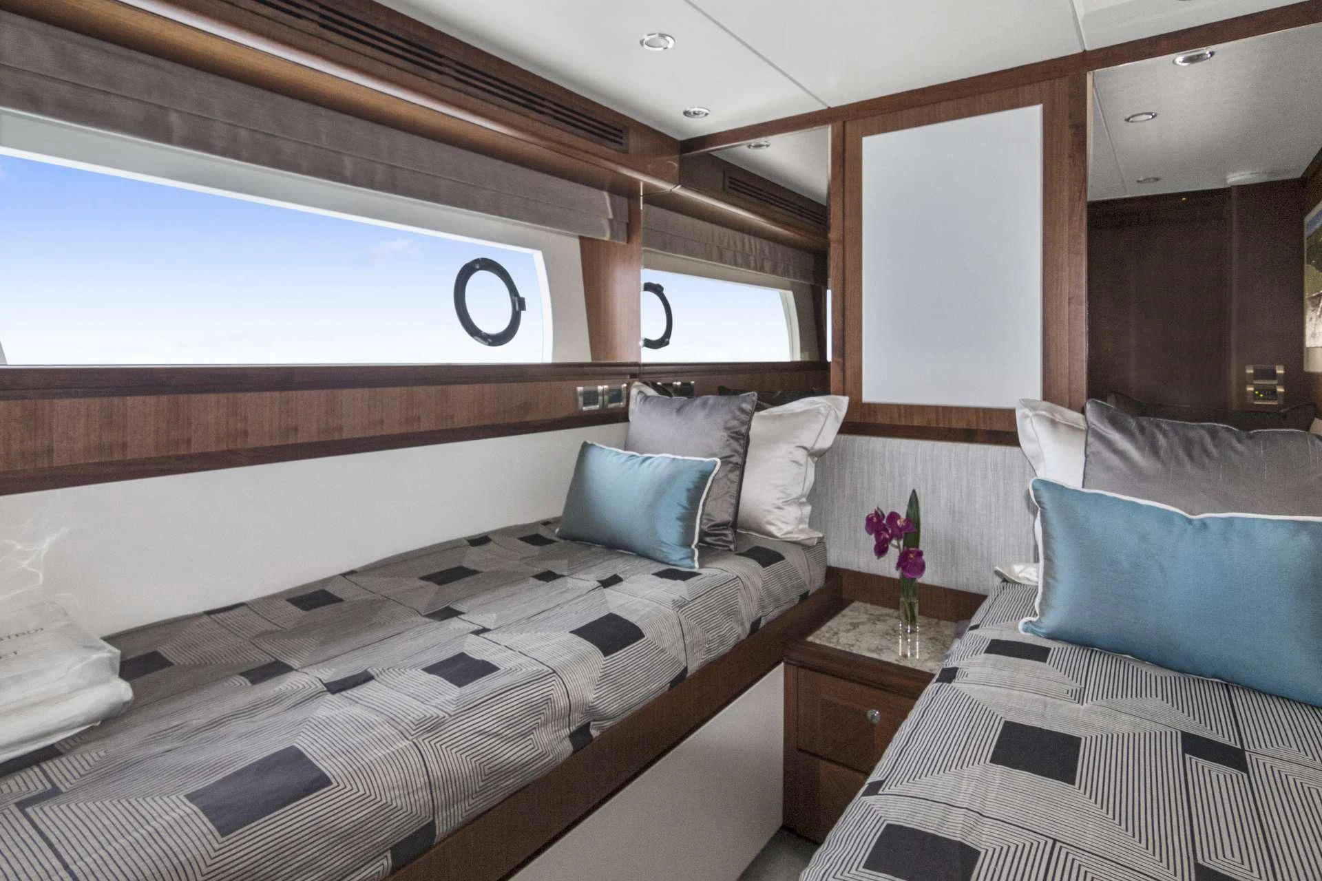 a room with two beds aboard OCEAN ROSE Yacht for Sale