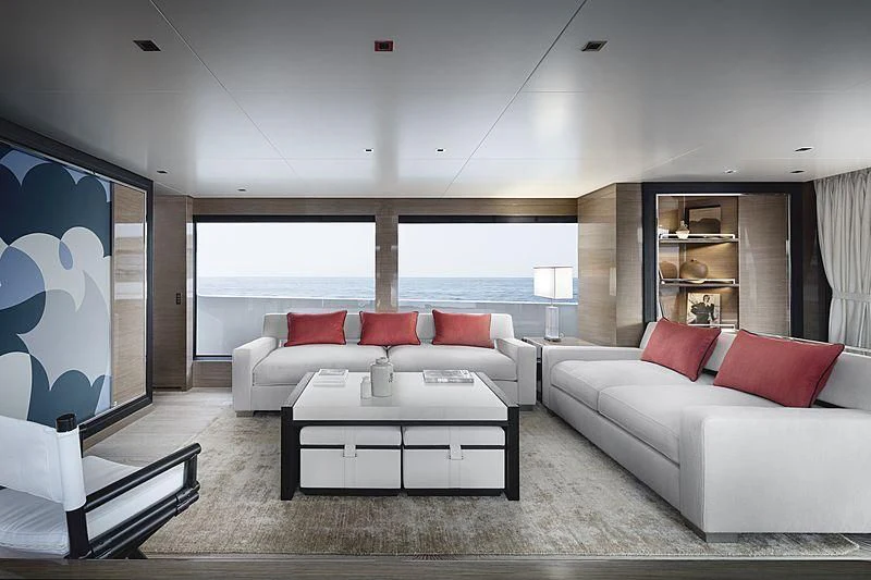 a living room with a large window aboard REINE D'AZUR Yacht for Sale