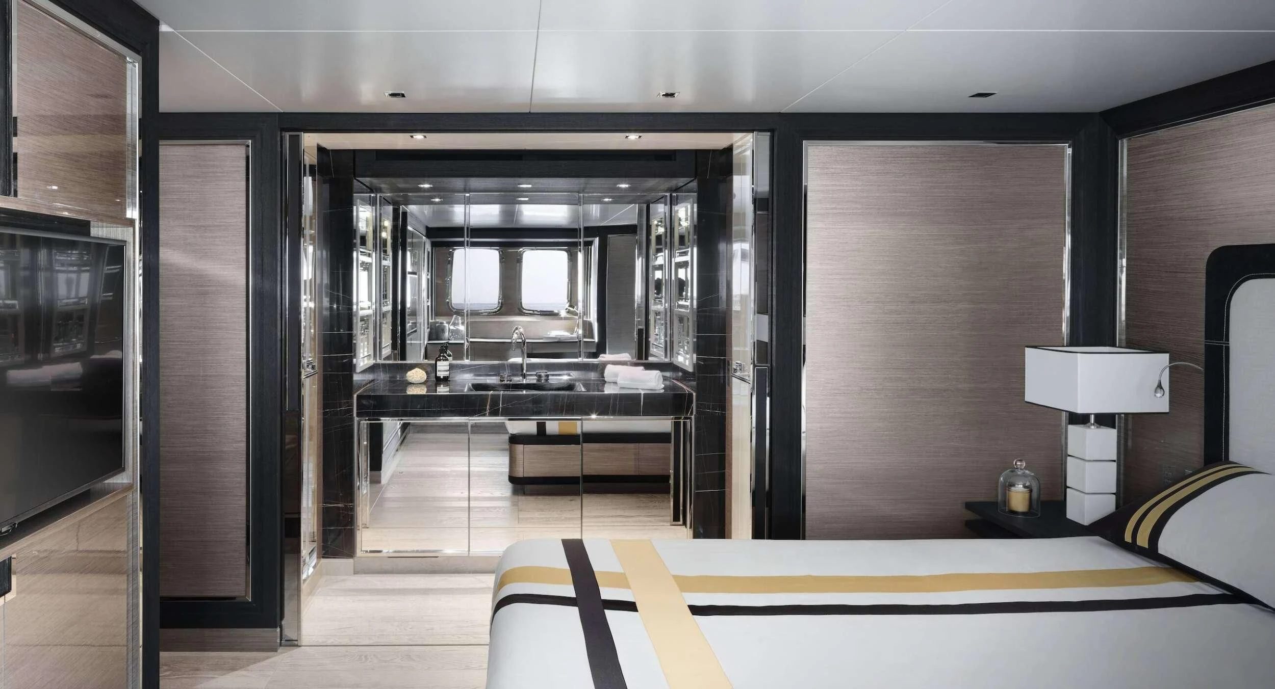 a room with a large mirror aboard REINE D'AZUR Yacht for Sale