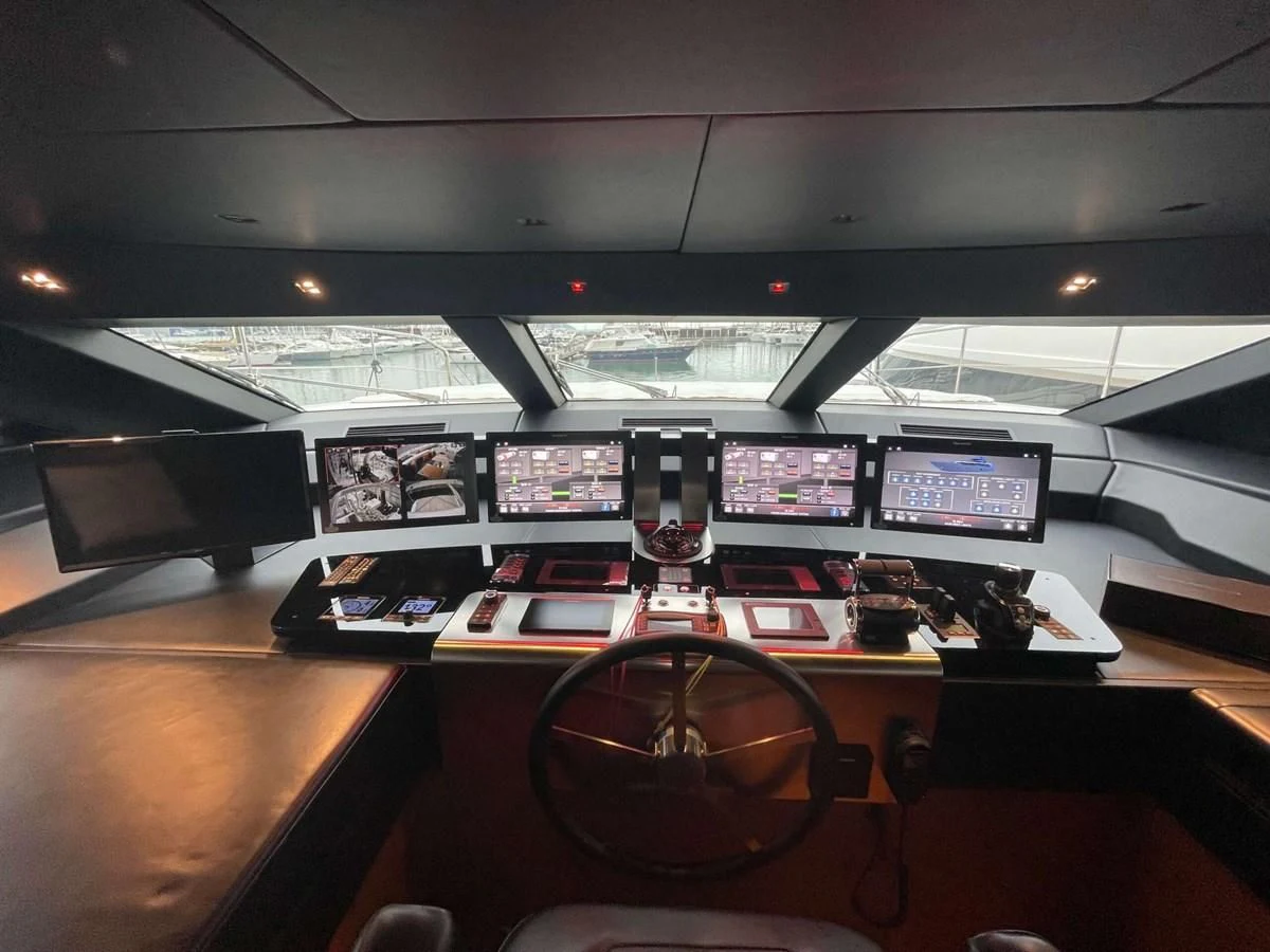 a room with a large display of computer screens and a large circular object aboard REINE D'AZUR Yacht for Sale
