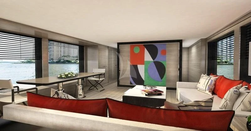 a living room with a large painting aboard REINE D'AZUR Yacht for Sale