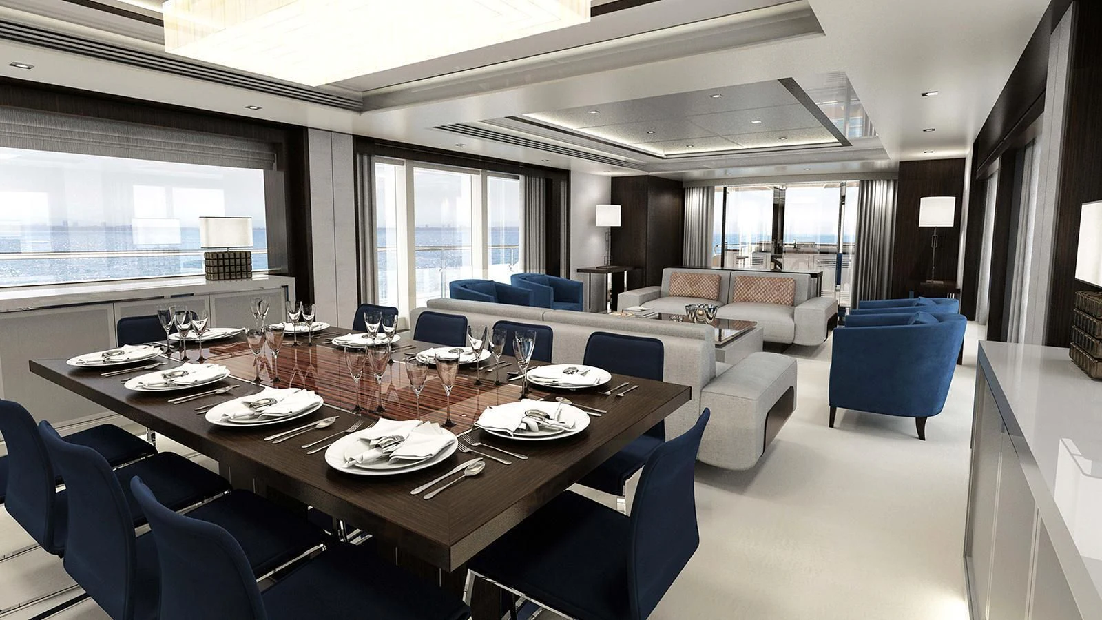 a large dining table in a room aboard SUNSET Yacht for Sale