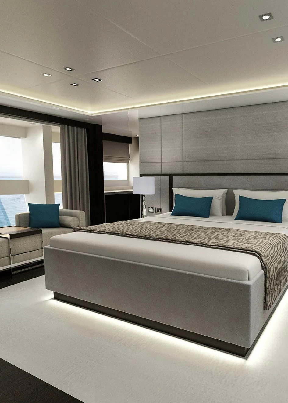 a bed with a white sheet aboard SUNSET Yacht for Sale