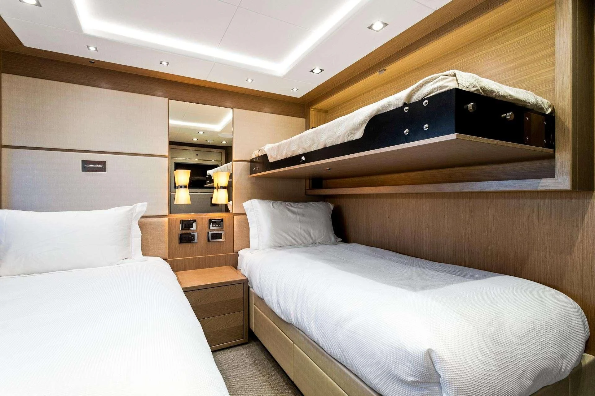 a room with two beds aboard SUNSET Yacht for Sale