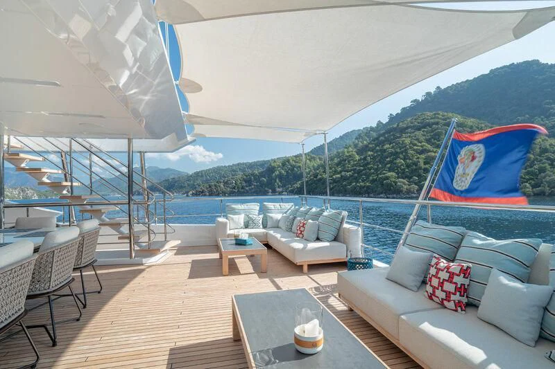 a large patio with a table and chairs on it aboard ELIZABETH Yacht for Sale
