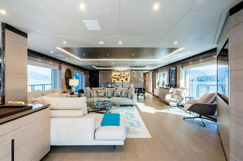 a living room with a large window aboard ELIZABETH Yacht for Sale