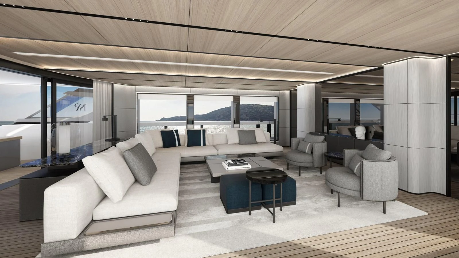 a modern looking living room aboard ISA GT 33 Yacht for Sale