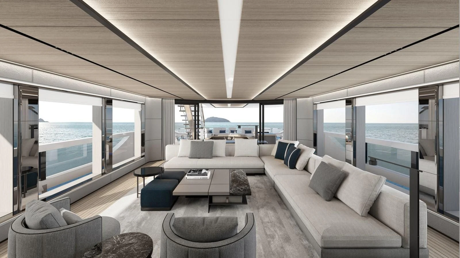 a living room with a large window aboard ISA GT 33 Yacht for Sale