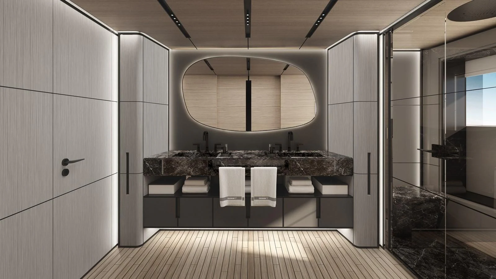 a bathroom with a marble counter top aboard ISA GT 33 Yacht for Sale