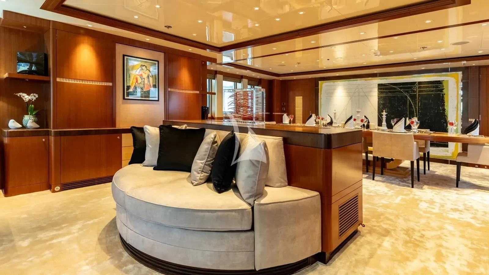 a couch in a room aboard RARE FIND Yacht for Charter