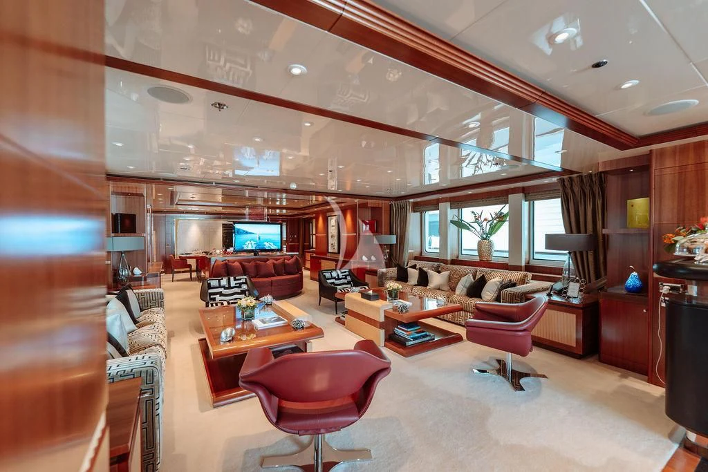 a living room with a large window aboard RARE FIND Yacht for Charter
