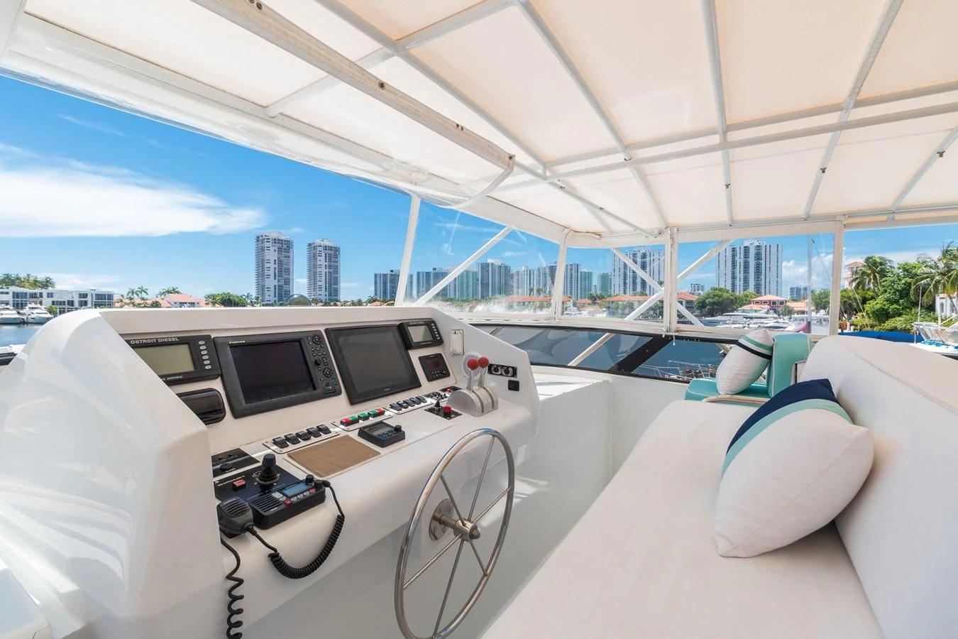 a room with a view of a city and a large window aboard IMPULSE Yacht for Sale