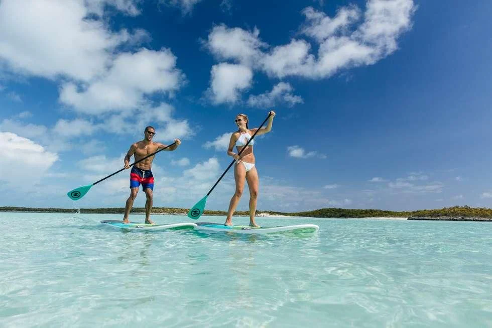 a couple paddle surfers on a small wave aboard IMPULSE Yacht for Sale
